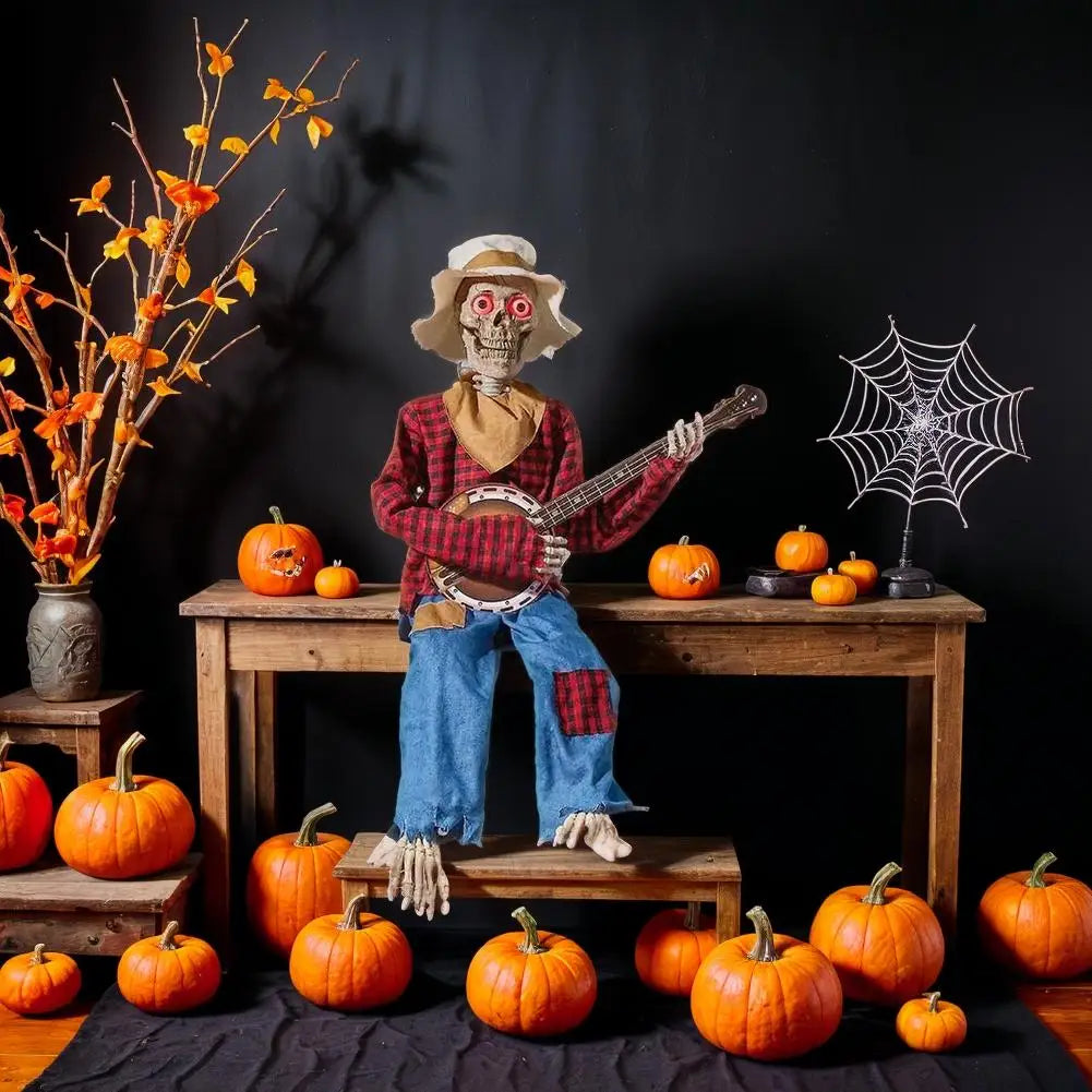 Halloween Animatronics Banjo Skeleton Decorations Musical Country Skeleton Musicians New 2025 Halloween Theme Home Decor
