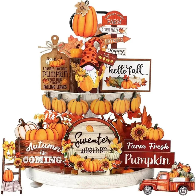 Thanksgiving Day Wooden Desktop Ornament Table Decoration Fall Harvest Tiered Tray Decor Pumpkin Maple Leaf Accents Farmhouse