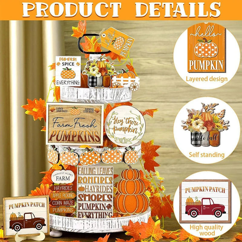 Thanksgiving Day Wooden Desktop Ornament Table Decoration Fall Harvest Tiered Tray Decor Pumpkin Maple Leaf Accents Farmhouse