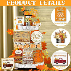Thanksgiving Day Wooden Desktop Ornament Table Decoration Fall Harvest Tiered Tray Decor Pumpkin Maple Leaf Accents Farmhouse