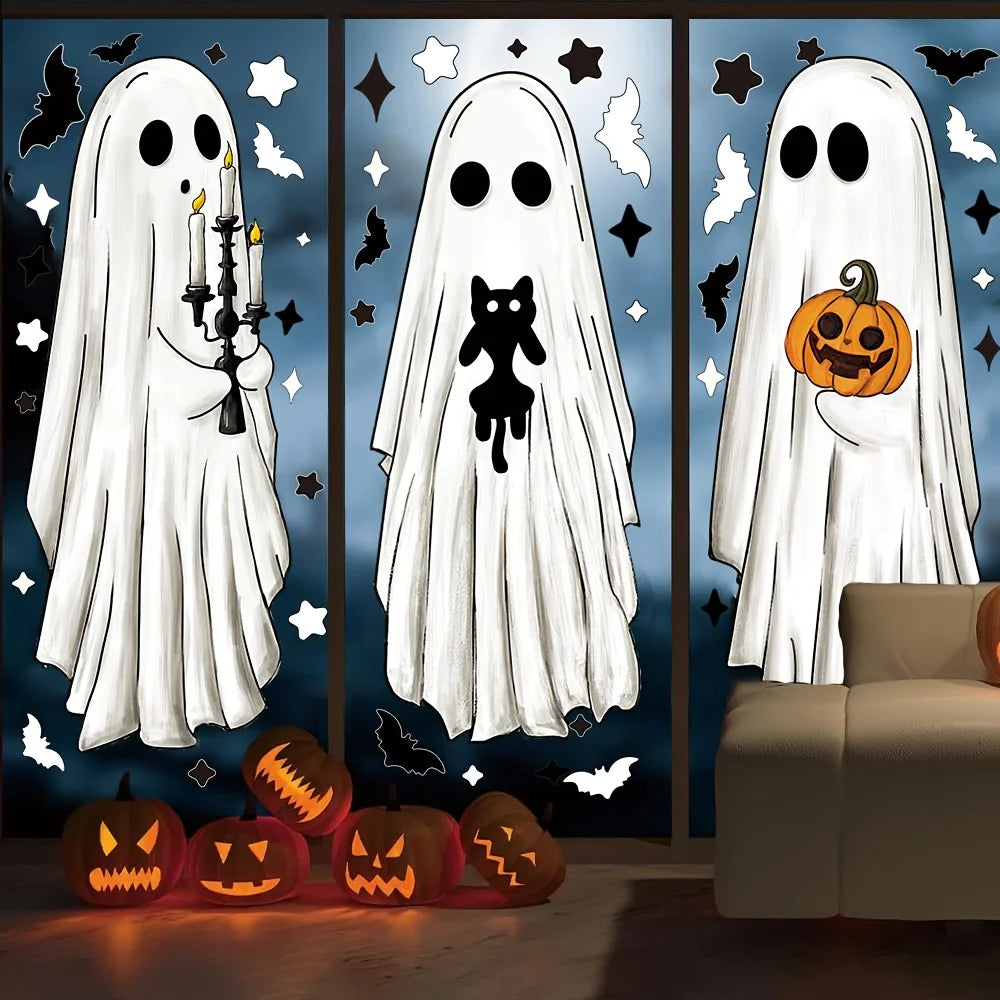 Halloween window stickers decoration, large white ghost silhouette, indoor Halloween party supplies