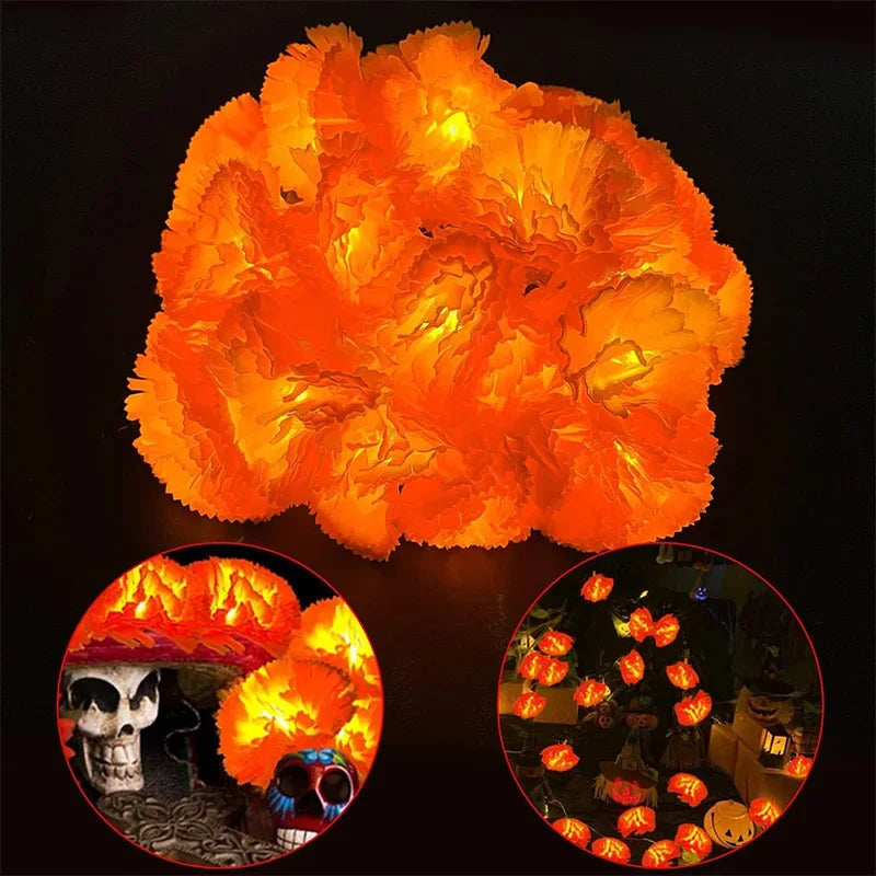 Halloween Diwali Party 1.5m Garland String Lights Mexican Marigold Artificial Flowers Day Of The Dead DIY Home Outdoor Decor