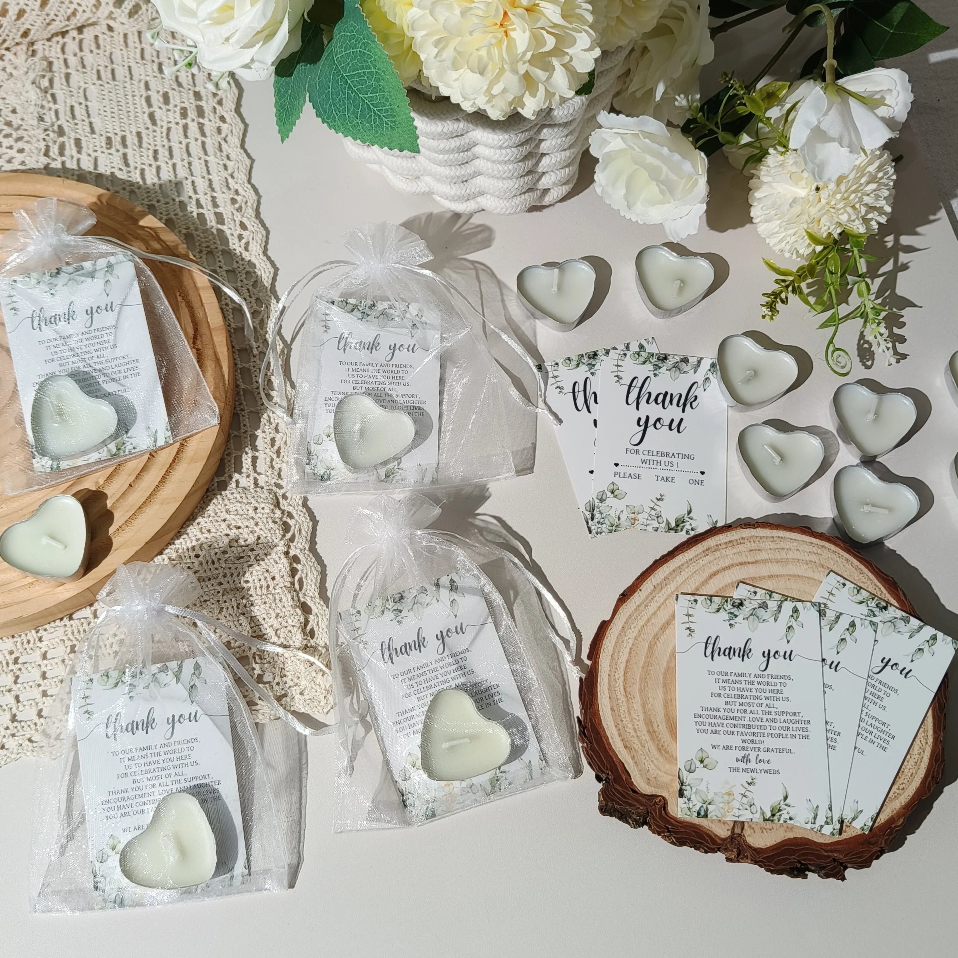 100sets Unique Wedding Gift for Guests, Bulk Heart Shaped Candles with Thank You Cards and Organza Bags for Wedding Party Favors