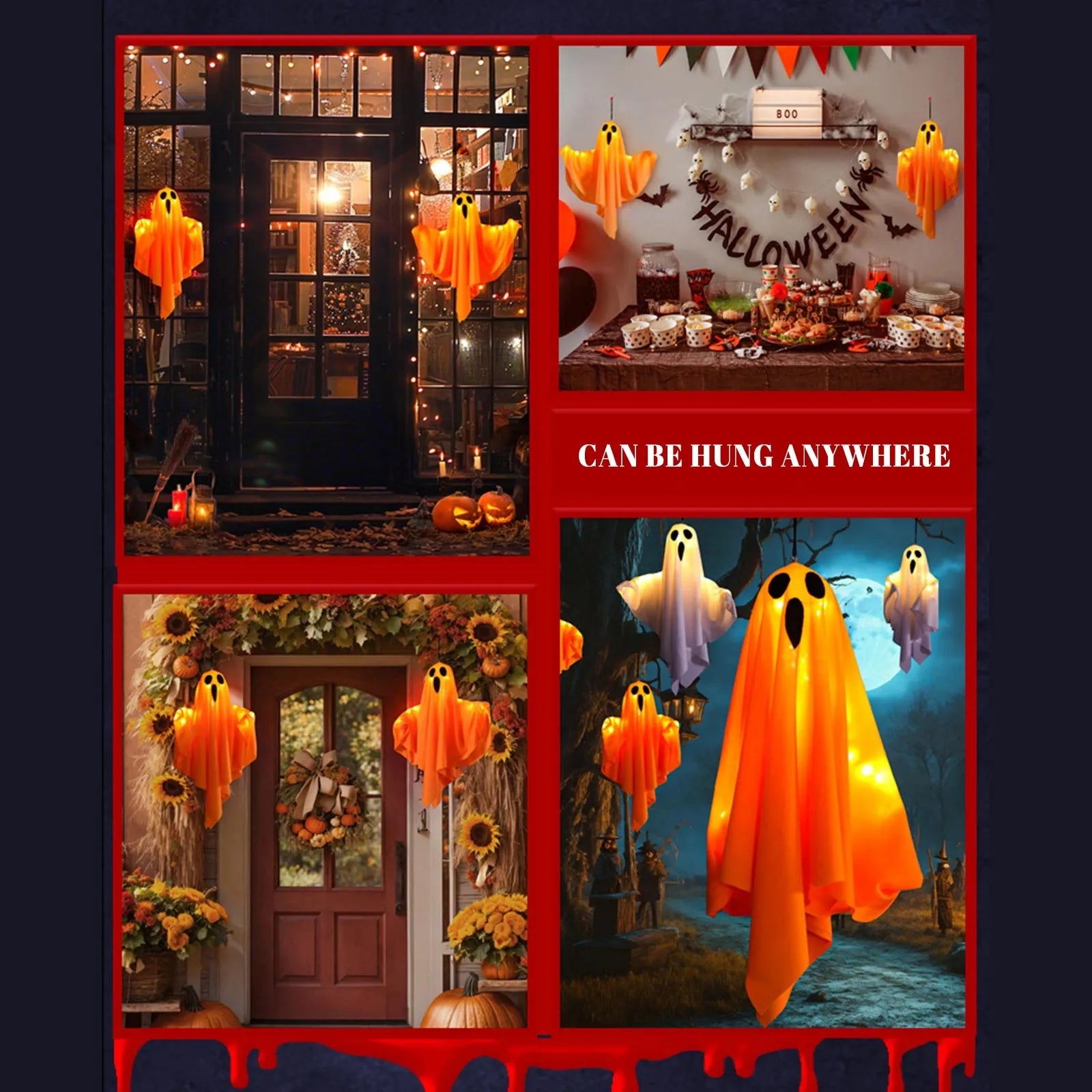 Halloween Ghost Hanging Decorations Halloween Hanging Light Up White Flying Ghosts Tree Window Wall Scary Ornament 50X40cm