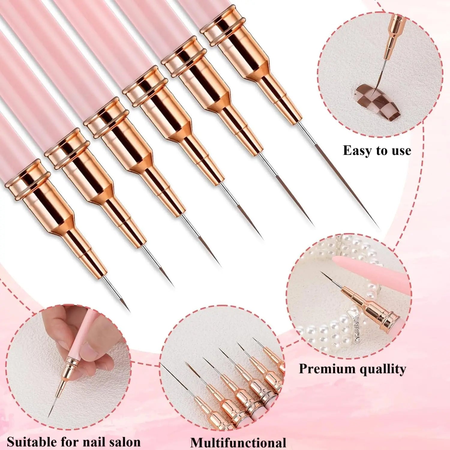 Nail Art Brush Set, 5 Liner Brushes + 2 Reusable Silicone Tip Gradient Brushes, Fine Tip Dotting and Striping Brushes
