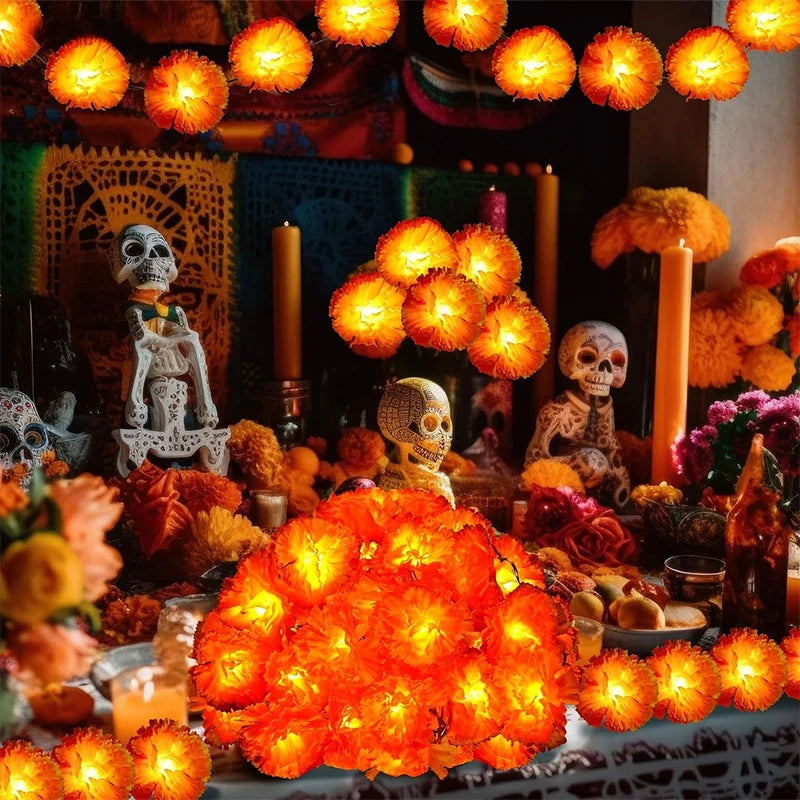 Halloween Diwali Party 1.5m Garland String Lights Mexican Marigold Artificial Flowers Day Of The Dead DIY Home Outdoor Decor