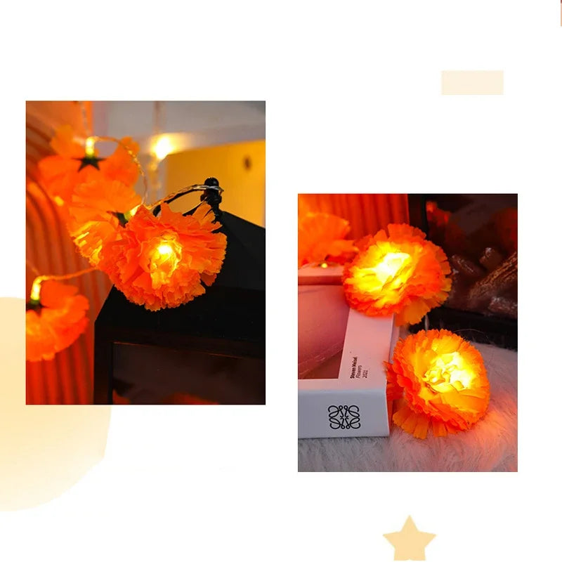 Halloween Diwali Party 1.5m Garland String Lights Mexican Marigold Artificial Flowers Day Of The Dead DIY Home Outdoor Decor