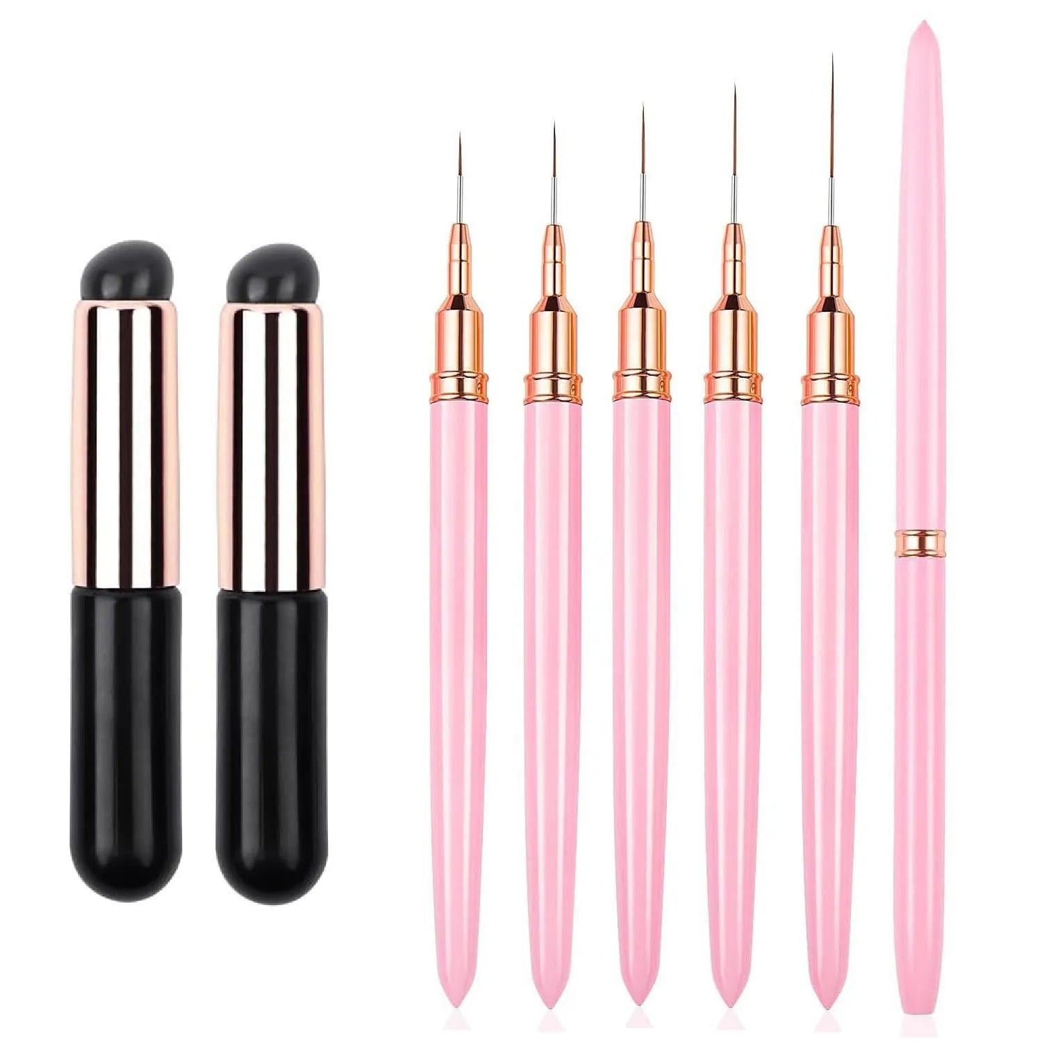 Nail Art Brush Set, 5 Liner Brushes + 2 Reusable Silicone Tip Gradient Brushes, Fine Tip Dotting and Striping Brushes