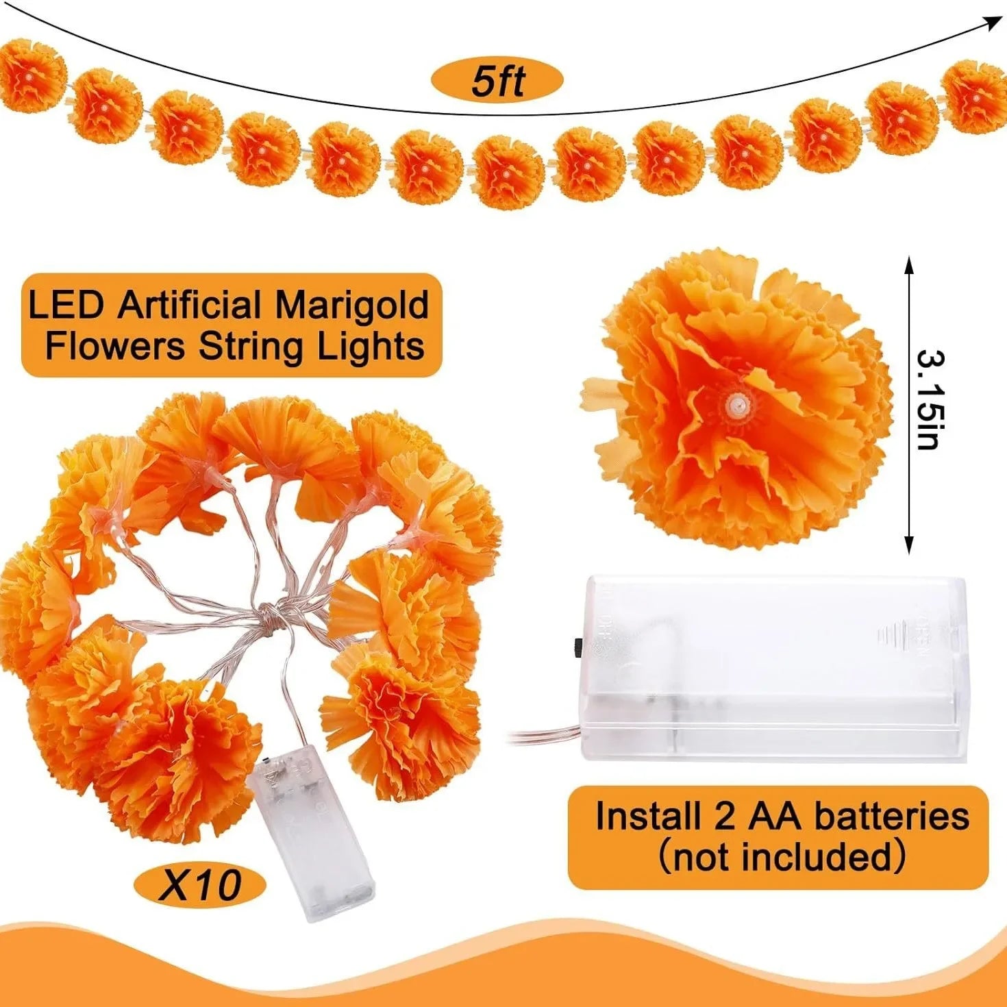 Halloween Diwali Party 1.5m Garland String Lights Mexican Marigold Artificial Flowers Day Of The Dead DIY Home Outdoor Decor