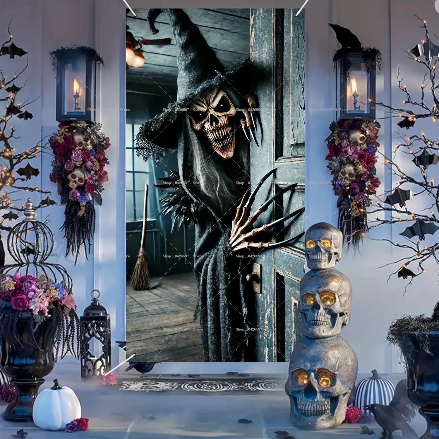 Horror Halloween Party Decoration Witch Zombie Background Ghost Pumpkin Super Scary Studio Background Door Hanging Banner