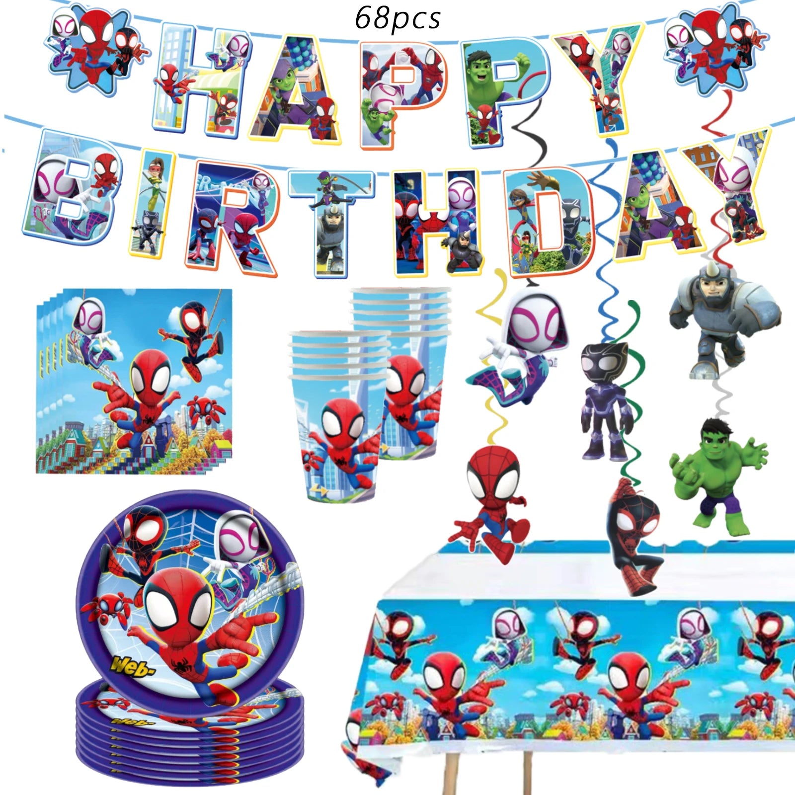 Spidey And His Amazing Friends Birthday Party Supplies, banner，Plates, Napkins and Tablecover for Party Decorations