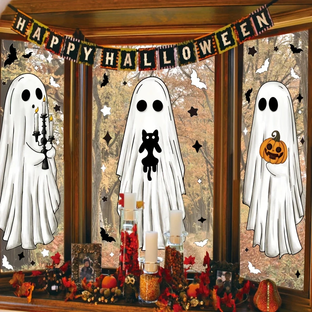 Halloween window stickers decoration, large white ghost silhouette, indoor Halloween party supplies