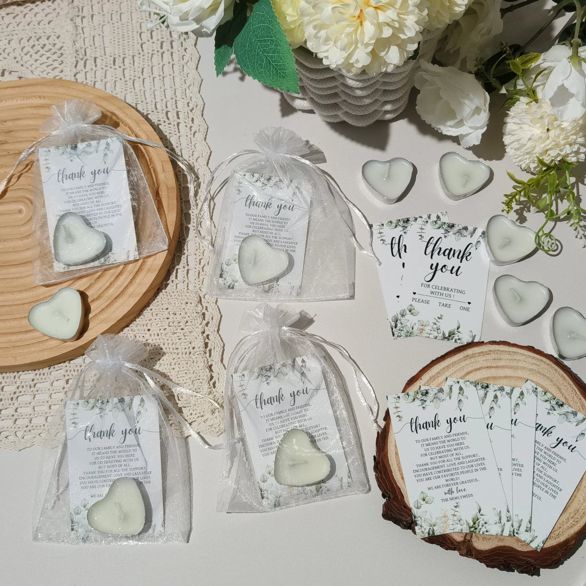 100sets Unique Wedding Gift for Guests, Bulk Heart Shaped Candles with Thank You Cards and Organza Bags for Wedding Party Favors