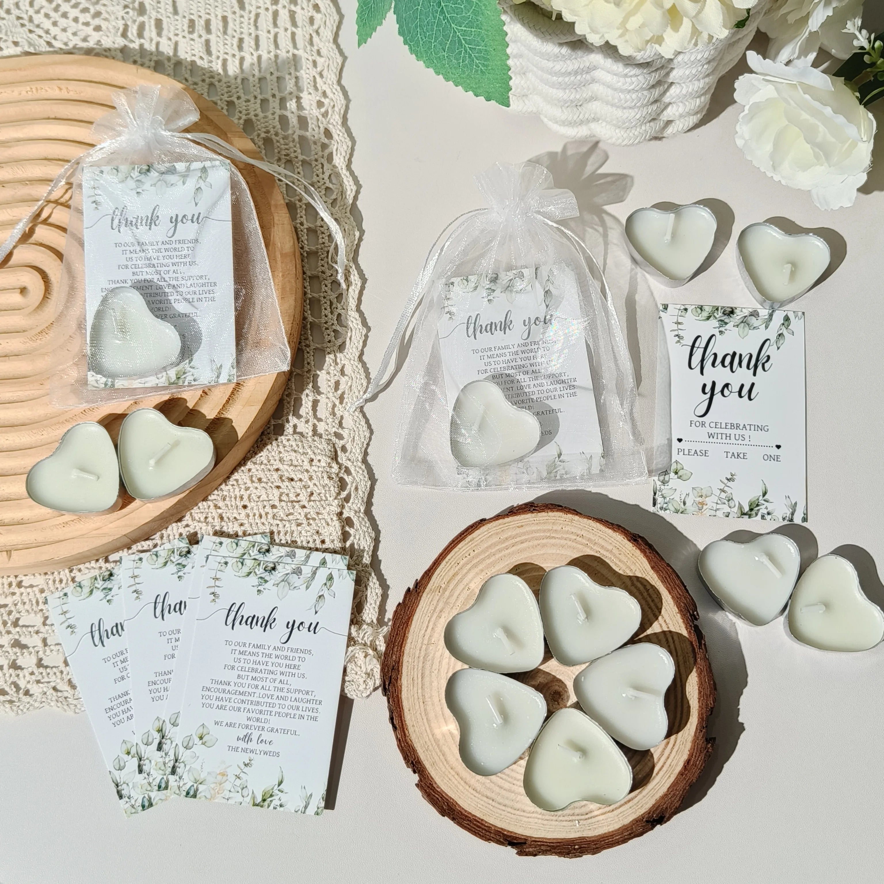 100sets Unique Wedding Gift for Guests, Bulk Heart Shaped Candles with Thank You Cards and Organza Bags for Wedding Party Favors