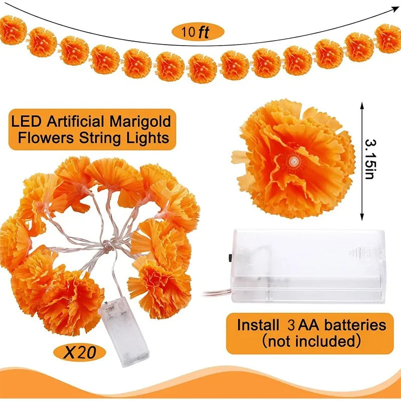 Halloween Diwali Party 1.5m Garland String Lights Mexican Marigold Artificial Flowers Day Of The Dead DIY Home Outdoor Decor