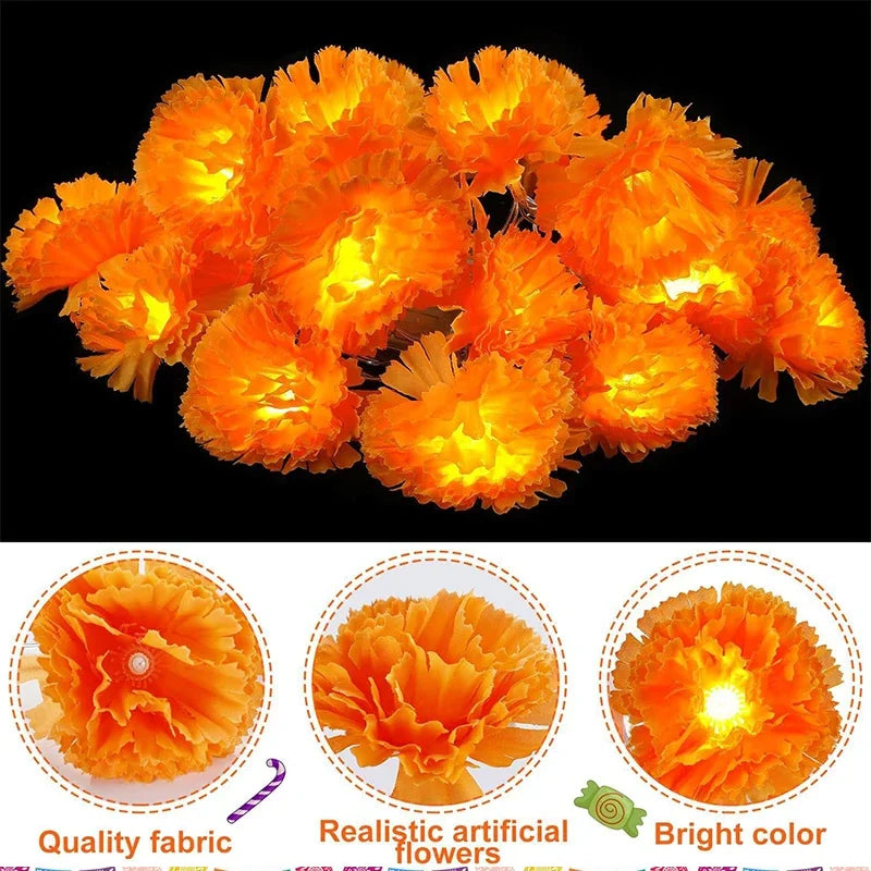 Halloween Diwali Party 1.5m Garland String Lights Mexican Marigold Artificial Flowers Day Of The Dead DIY Home Outdoor Decor