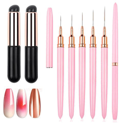 Nail Art Brush Set, 5 Liner Brushes + 2 Reusable Silicone Tip Gradient Brushes, Fine Tip Dotting and Striping Brushes